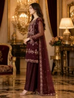 maroon 3 piece organza suit