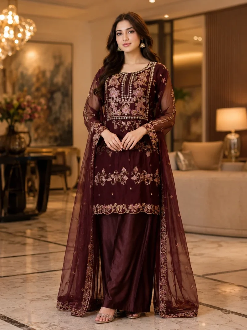 maroon 3 piece organza suit