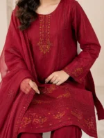 Maroon 3 piece stitched dorya lawn suit with matching trouser and coordinated dupatta close up