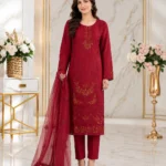 Maroon 3 piece stitched dorya lawn suit with matching trouser and coordinated dupatta