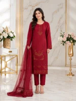 Maroon 3 piece stitched dorya lawn suit with matching trouser and coordinated dupatta