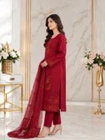 Maroon 3 piece stitched dorya lawn suit with matching trouser and coordinated dupatta side