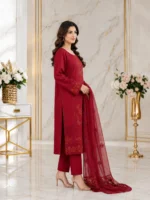 Maroon 3 piece stitched dorya lawn suit with matching trouser and coordinated dupatta side view