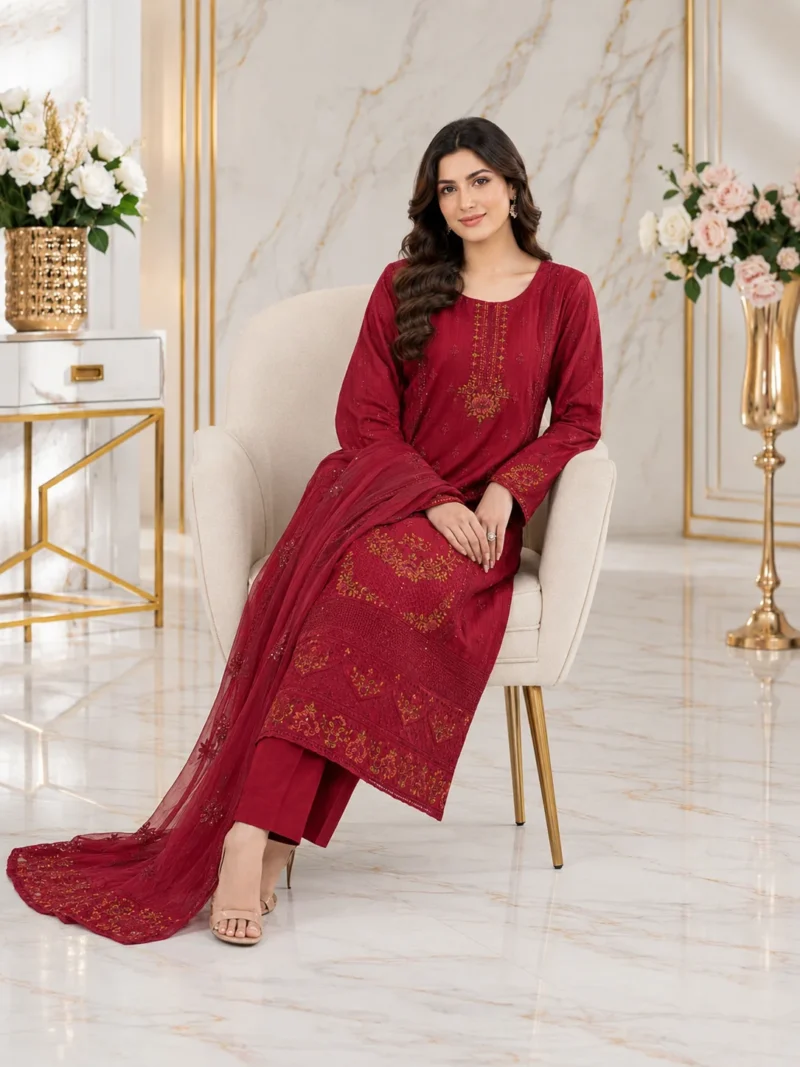 Homepage 11 Maroon 3 piece stitched dorya lawn suit with matching trouser and coordinated dupatta sitting
