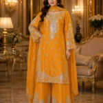 Mustard yellow 3 piece organza suit with silver-toned work, palazzo and matching dupatta