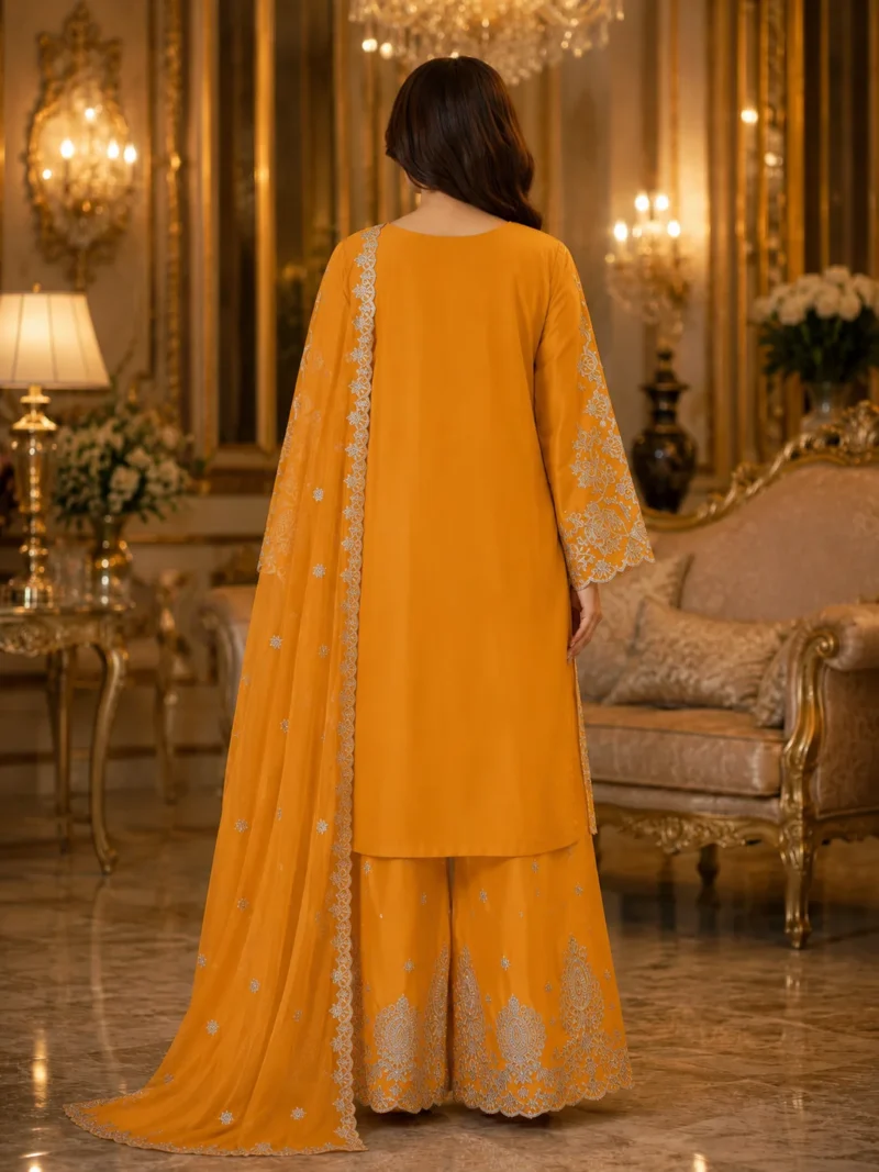 Homepage 16 Mustard yellow 3 piece organza suit with silver-toned work, palazzo and matching dupatta
