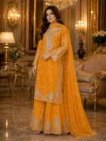 Mustard yellow 3 piece organza suit with silver-toned work, palazzo and matching dupatta