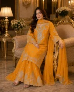 Mustard yellow 3 piece organza suit with silver-toned work, palazzo and matching dupatta