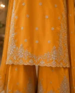 Mustard yellow 3 piece organza suit with silver-toned work, palazzo and matching dupatta