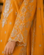 Mustard yellow 3 piece organza suit with silver-toned work, palazzo and matching dupatta