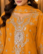 Mustard yellow 3 piece organza suit with silver-toned work, palazzo and matching dupatta