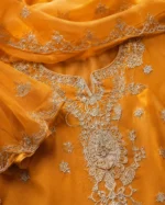 Mustard yellow 3 piece organza suit with silver-toned work, palazzo and matching dupatta