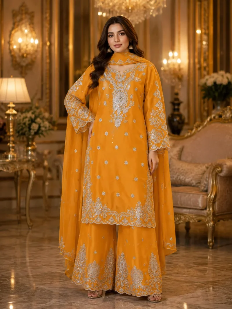 Mustard yellow 3 piece organza suit with silver-toned work, palazzo and matching dupatta