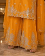Mustard yellow 3 piece organza suit with silver-toned work, palazzo and matching dupatta