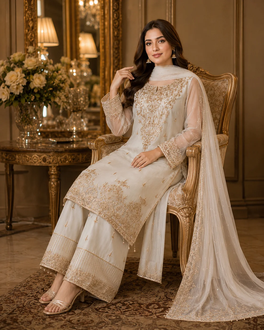 Off White 3 Piece Organza Suit for Women by AR Pehnawa