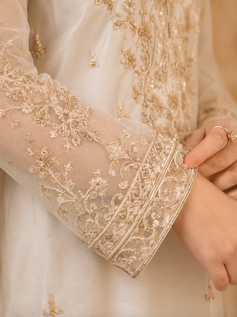 Homepage 14 Off white 3 piece organza suit with gold-toned front work, palazzo and matching dupatta