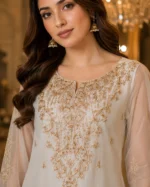 Off white 3 piece organza suit with gold-toned front work, palazzo and matching dupatta