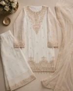 Off white 3 piece organza suit with gold-toned front work, palazzo and matching dupatta