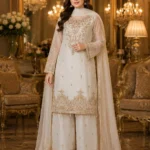 Off white 3 piece organza suit with gold-toned front work, palazzo and matching dupatta