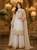 Off white 3 piece organza suit with gold-toned front work, palazzo and matching dupatta