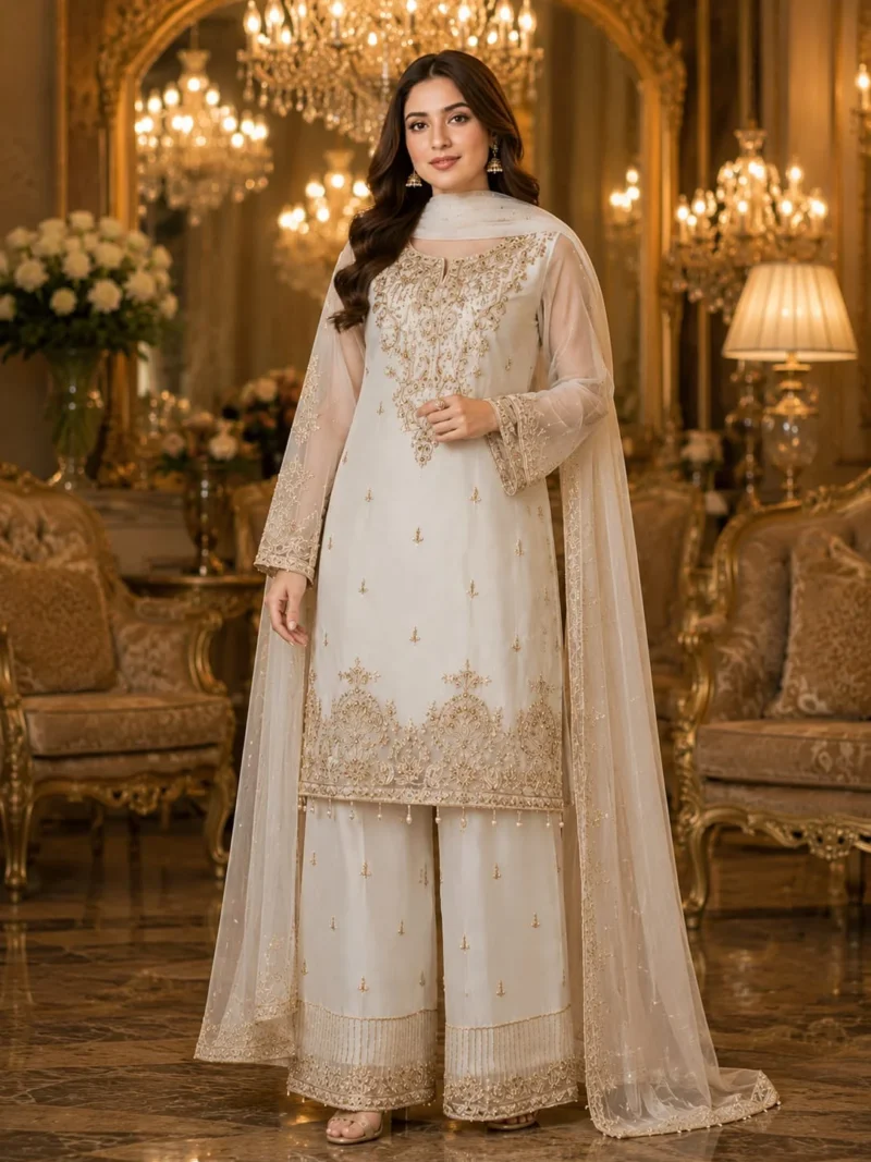 Off white 3 piece organza suit with gold-toned front work, palazzo and matching dupatta