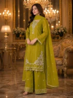 Olive green 3 piece organza suit with white front work, palazzo and matching dupatta