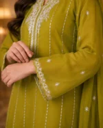 Olive green 3 piece organza suit with white front work, palazzo and matching dupatta