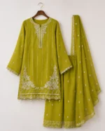 Olive green 3 piece organza suit with white front work, palazzo and matching dupatta
