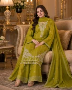 Olive green 3 piece organza suit with white front work, palazzo and matching dupatta