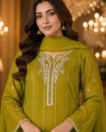 Olive green 3 piece organza suit with white front work, palazzo and matching dupatta