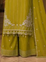 Olive green 3 piece organza suit with white front work, palazzo and matching dupatta