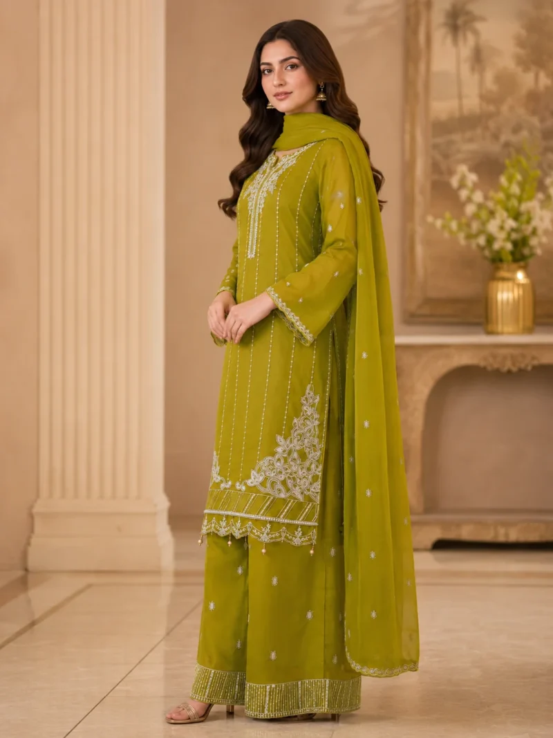 Homepage 12 Olive green 3 piece organza suit with white front work, palazzo and matching dupatta