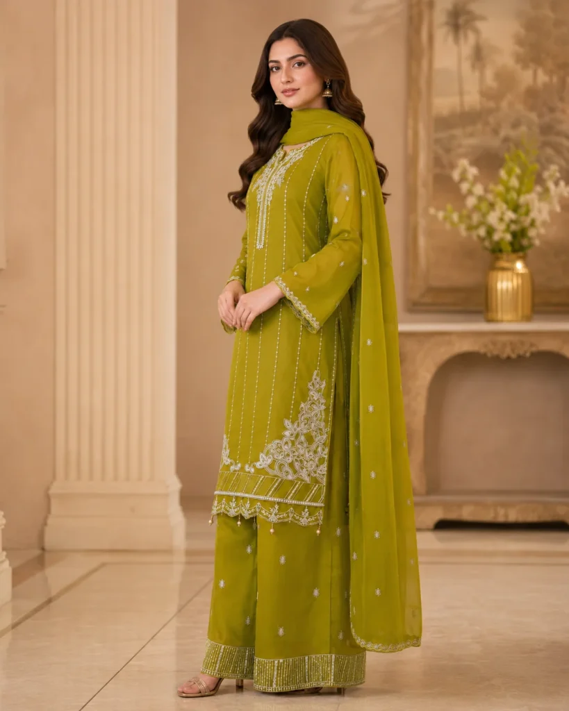 Olive green 3 piece organza suit with white front work, palazzo and matching dupatta