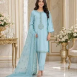 Side view of sky blue cotton embroidered 3 piece ladies suit