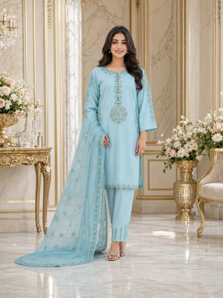 Side view of sky blue cotton embroidered 3 piece ladies suit
