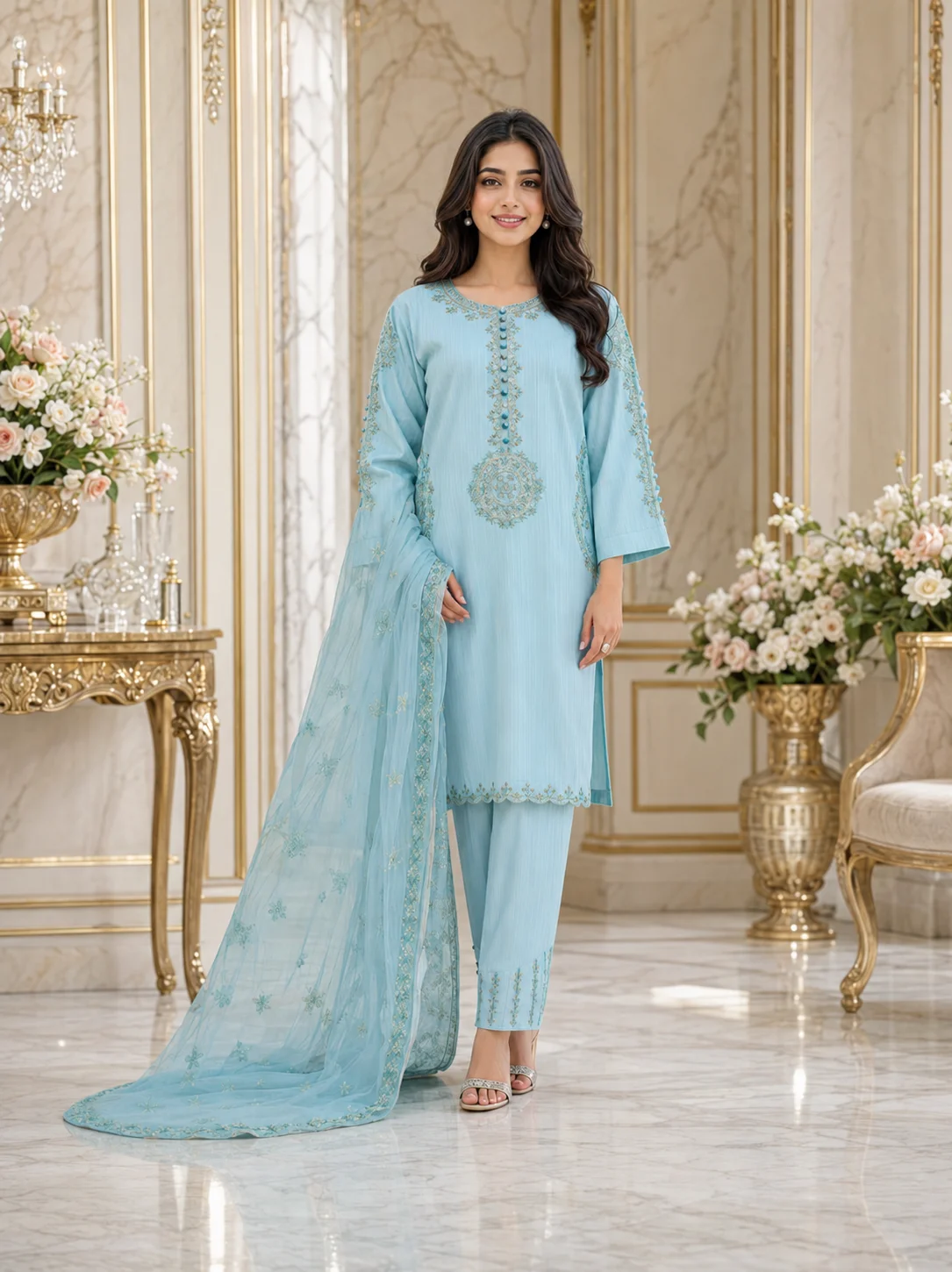 sky-blue-3-piece-cotton-embroidered-suit-side-view-ar-pehnawa Side view of sky blue cotton embroidered 3 piece ladies suit