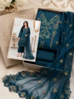 Teal blue 3 piece stitched lawn suit with embroidered shirt and organza dupatta packing