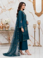 Teal blue 3 piece stitched lawn suit with embroidered shirt and organza dupatta side view