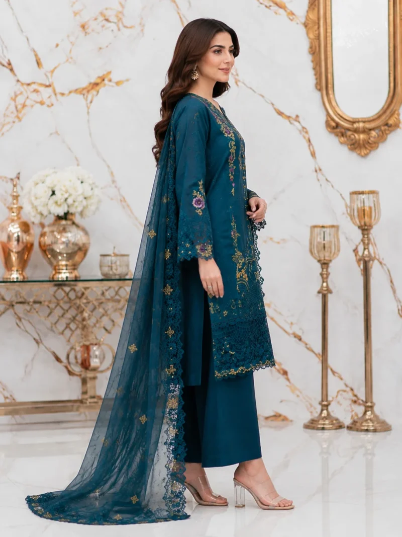 Homepage 8 Teal blue 3 piece stitched lawn suit with embroidered shirt and organza dupatta side view