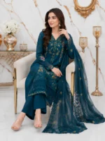 Teal blue 3 piece stitched lawn suit with embroidered shirt and organza dupatta sitting view