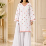 White cotton embroidered 3 piece suit with black embroidery, palazzo and chiffon dupatta