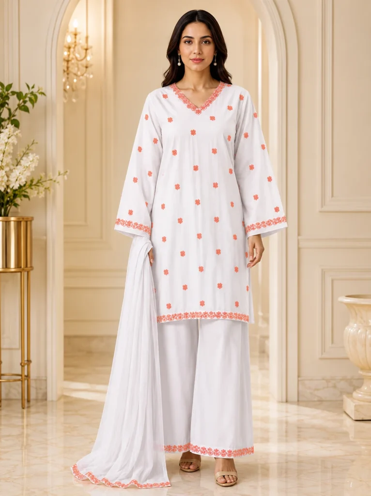 White cotton embroidered 3 piece suit with black embroidery, palazzo and chiffon dupatta