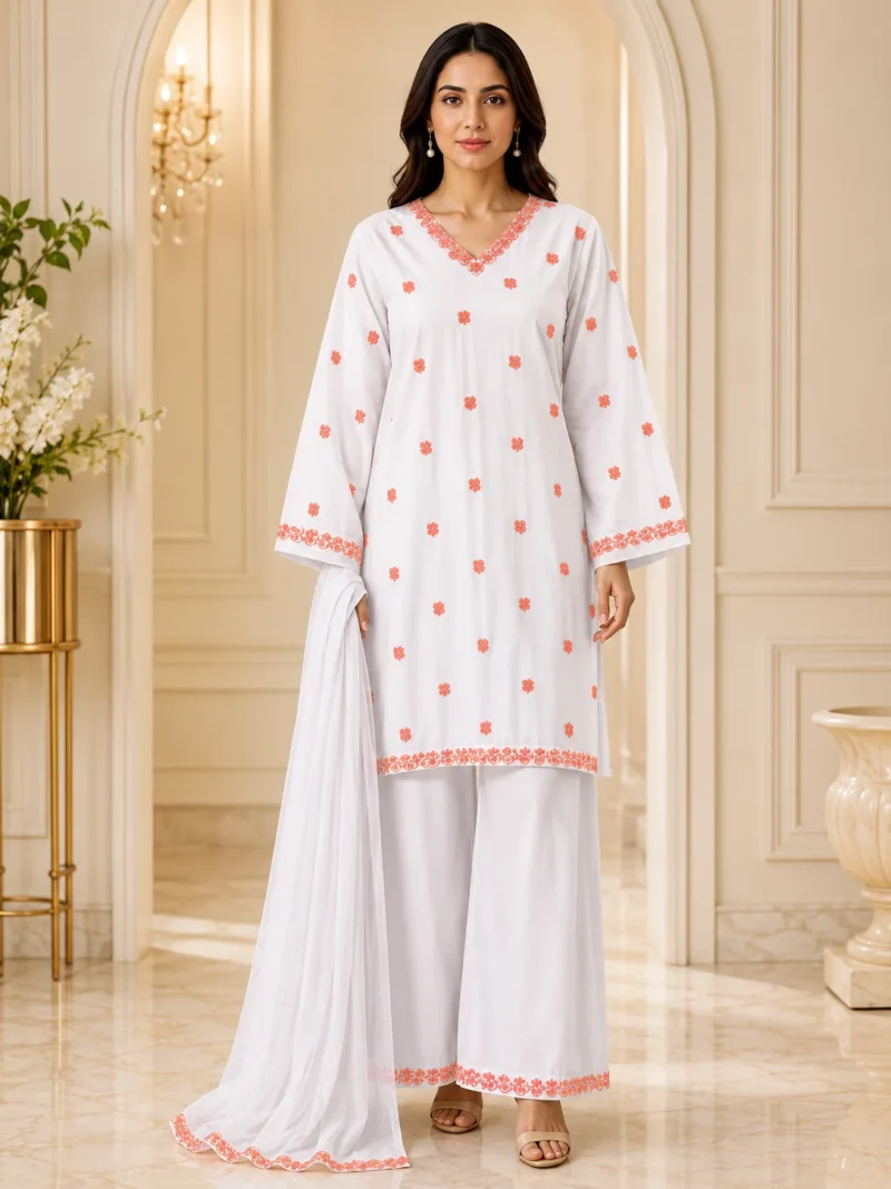 White cotton embroidered 3 piece suit with black embroidery, palazzo and chiffon dupatta
