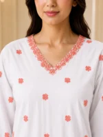 White cotton embroidered 3 piece suit with black embroidery, palazzo and chiffon dupatta
