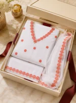 White cotton embroidered 3 piece suit with black embroidery, palazzo and chiffon dupatta