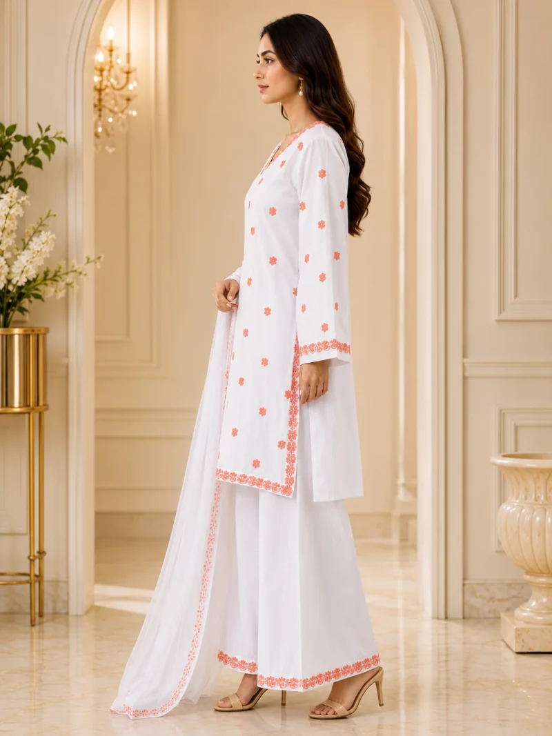 Homepage 7 White cotton embroidered 3 piece suit with black embroidery, palazzo and chiffon dupatta