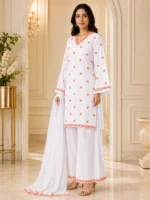 White cotton embroidered 3 piece suit with black embroidery, palazzo and chiffon dupatta