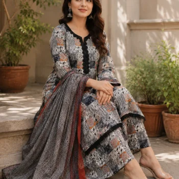 Black-printed-lawn-suit-with-matching-printed-trouser-and-crepe-dupatta-for-women-by-AR-Pehnawa