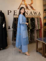 Blue embroidered cotton 3 piece stitched suit for women