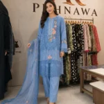 Blue embroidered cotton 3 piece stitched suit for women